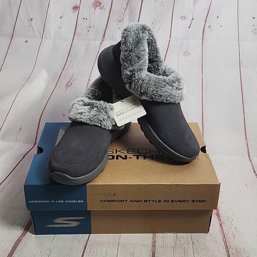 Skechers On-the-GO Joy Suede & Faux Fur Slip-Ons Cozy Life Charcoal Sz 5